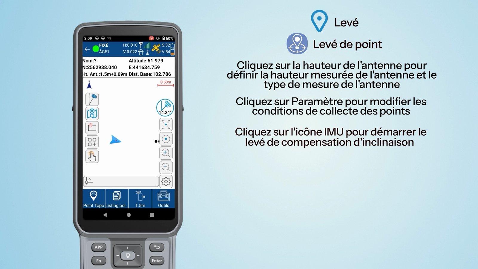 tSurvey 2.0 — écran de levé de points en français